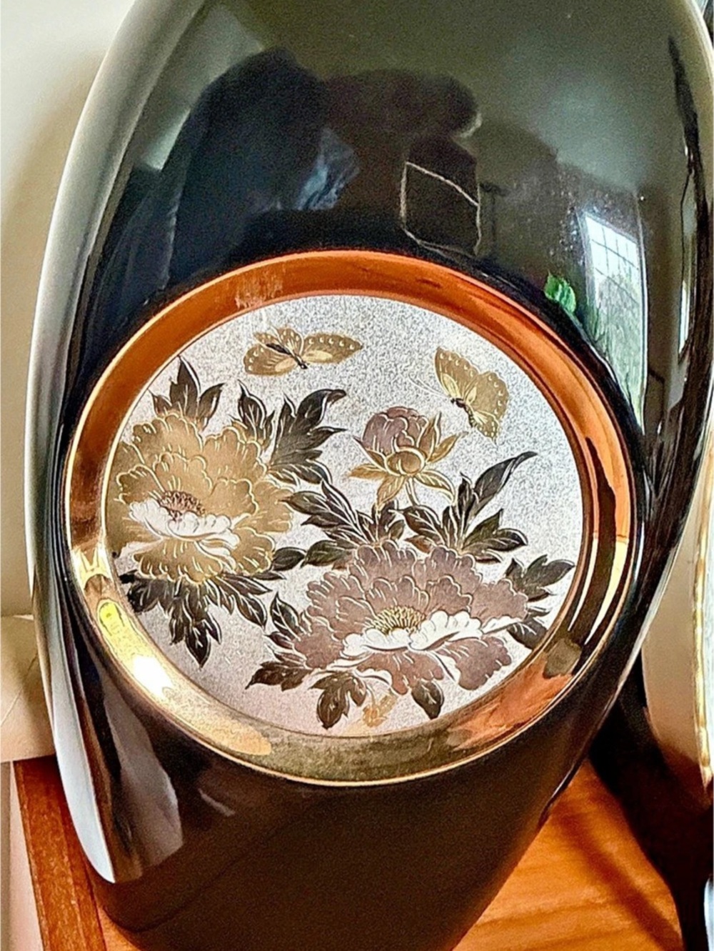 The Art of Chokin Japanese Chokin Art Peony and Butterfly Black and 24K Gold